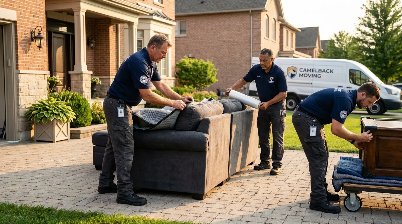 Large estate moving crew wrapping furniture in Riverside, CT