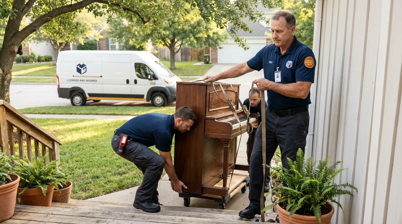 Licensed piano movers securing grand piano in Riverside, CT