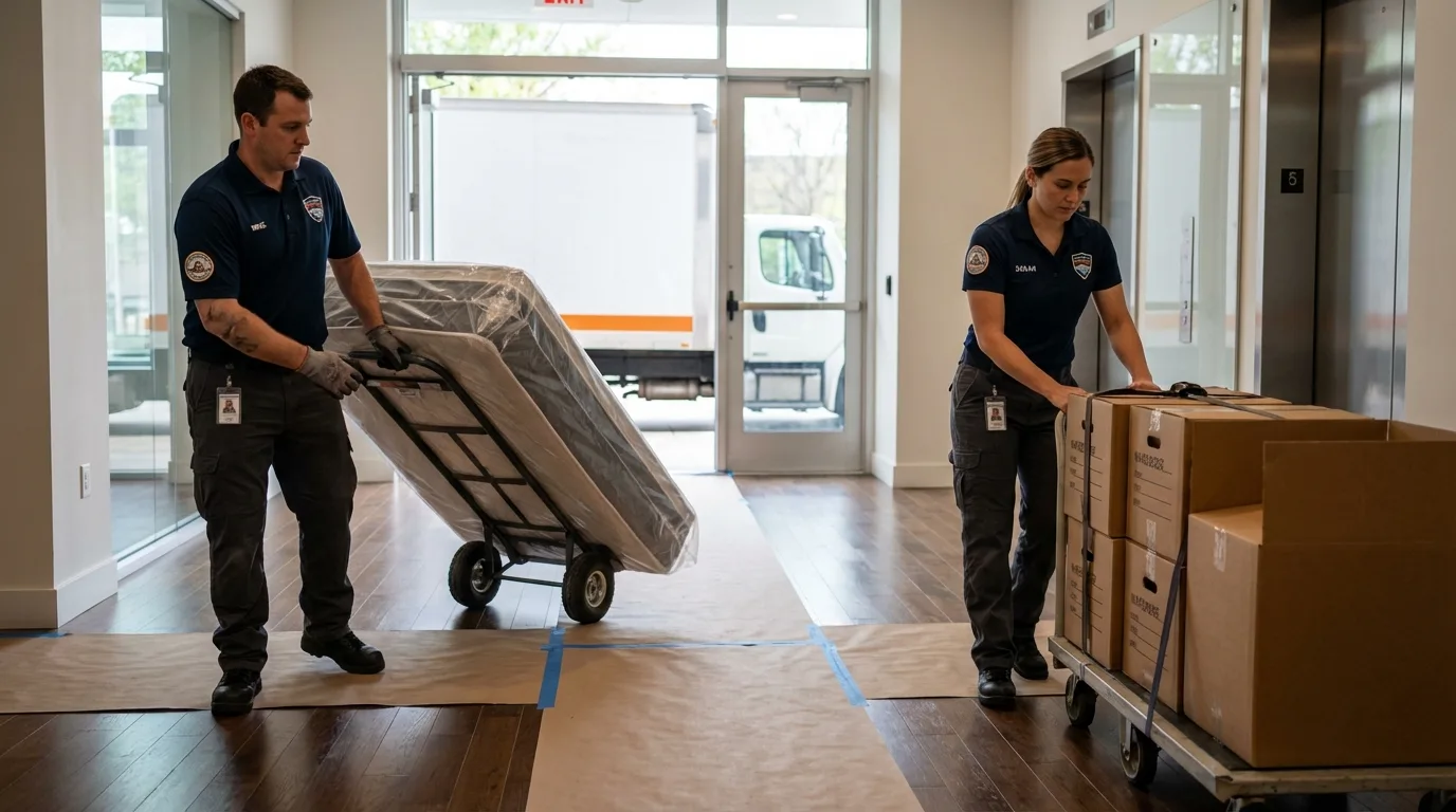 Professional apartment movers loading elevator in Riverside, CT